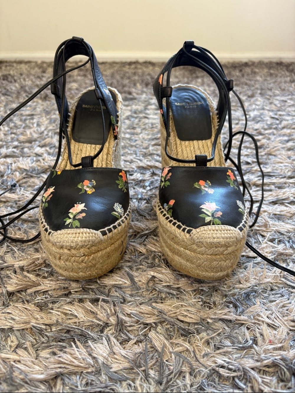 Saint Laurent Natural Raffia Wedges with Black Floral Ties 36 - Picture 8 of 13